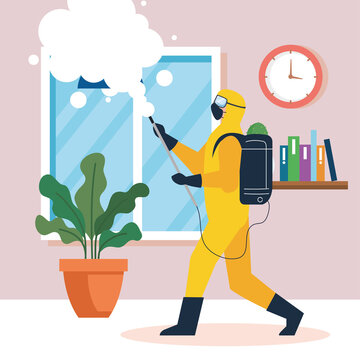 Home Disinfection By Commercial Disinfecting Service, Disinfectant Worker With Protective Suit And Spray Prevent Covid 19 Vector Illustration Design