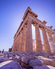 Acropolis hill Athens Greece, Parthenon ancient temple extreme perspective under clear sunny sky