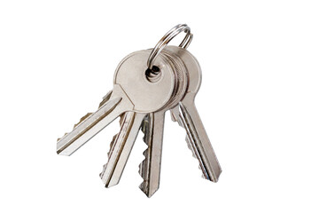 set of cylinder lock keys on keyring isolated on white background