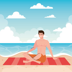 man lying tanning in the beach, summer vacation season vector illustration design