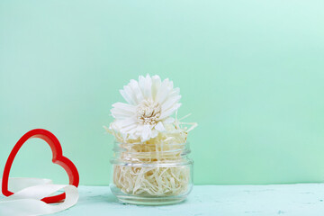 Fototapeta na wymiar White flower in a glass jar with natural filling on a light green background and part of a red, knitted heart. Copy space - concept of love, romance, family, gift.