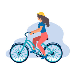 Obraz premium Pretty young woman on a bicycle. Adorable female cyclist. Sport, healthy lifestyle. Flat cartoon colorful vector illustration.