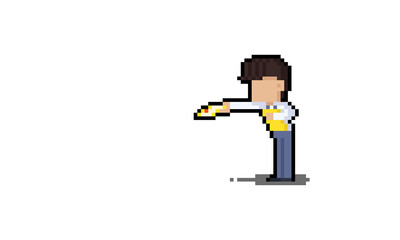 Pixel art cartoon shop assistant  giving a Brochure to people character design.