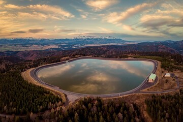pumped storage hydropower plant in sunset under High Tatras