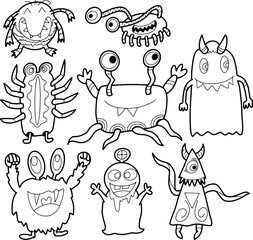 Set of funny cute monsters, aliens or winged fantasy animals for children coloring books or fashion. Hand drawn. line art cartoon vector illustration.
