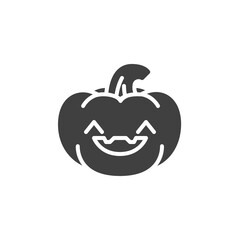 Happy pumpkin face emoji vector icon. filled flat sign for mobile concept and web design. Pumpkin emoticon glyph icon. Symbol, logo illustration. Vector graphics