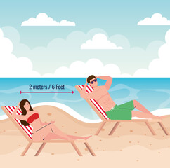 social distancing on the beach, couple lying on beach chair keep distance, new normal summer beach concept after coronavirus or covid 19 vector illustration design