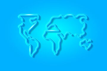 World map, planet, continents glowing 3D symbol, card template on blue background. Vector illustration