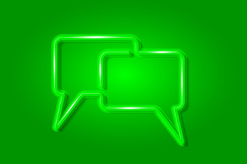 Conversation, chat rectangle bubbles glowing 3D symbol, card template on green background. Vector illustration