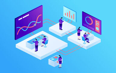 business team works to observe statistics on the big screen, people observe business growth, isometric vector illustration