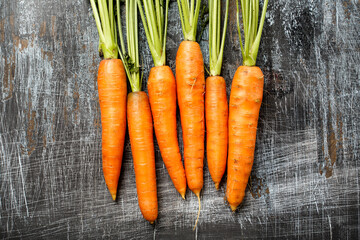 Close up of young fresh organic farmer carrots on rustic background, top view