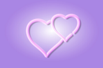 Wedding hearts glowing 3D symbol, card template on lilac background. Vector illustration