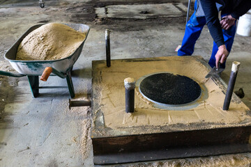 View of the mold of the steel casting. Sand castings are produced in specialized factories called...