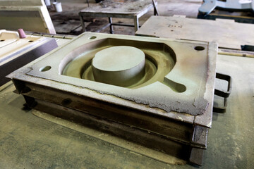 View of the sand mold casting. Sand casting, also known as sand molded casting, is a metal casting...