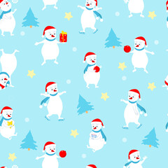 Seamless Christmas pattern of spruce, snowmen, stars on a blue background. Pattern for packaging, for Christmas gifts, for wrapping paper, flat-style wallpaper. Fun and joyful mood of the holiday.