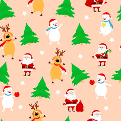 Seamless Christmas pattern fir, Santa Claus, snowmen, deers, white stars on a pink background. Pattern for packaging, for Christmas gifts, for wrapping paper, flat-style wallpaper.
