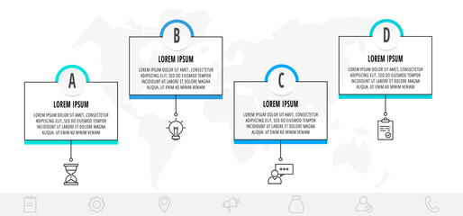 Thin line infographic template with 4 steps, labels. Modern business concept infographics with circles for flow chart, info graph, timeline, content, levels.