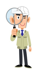 虫眼鏡を覗くヘルメットを被った作業着の男性
