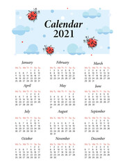Ladybird calendar. Template 2021. Vector cartoon character for childrens planning. Cute red ladybugs