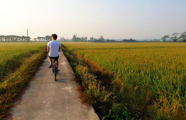 Obraz premium Young man cycling through the chinese countryside at sunset