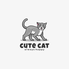 Vector Logo Illustration Cute Cat Simple Mascot Style.