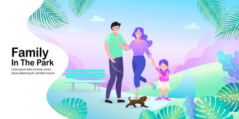Happy young family - father, mother, daughter walking in park with their dog. Vector illustration. 