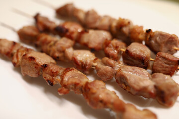 Ready meat on skewers. Food in restaurants and cafe barbecue concept