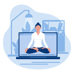 Yoga at home online. Vector template of meditation lesson in home interior. Girl relaxing in lotus position. Vector illustration.