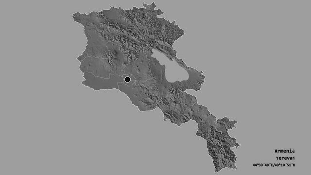 Erevan, city of Armenia, with its capital, localized, outlined and zoomed with informative overlays on a bilevel map in the Stereographic projection. Animation 3D