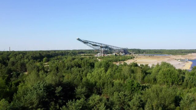Aerial view of the big brown coal conveyor, the F 60, today a museum, in Lusatian Lake District, Germany. 4k