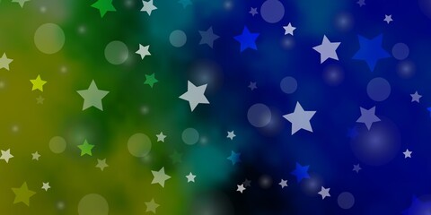 Light Blue, Green vector pattern with circles, stars. Colorful disks, stars on simple gradient background. Design for textile, fabric, wallpapers.