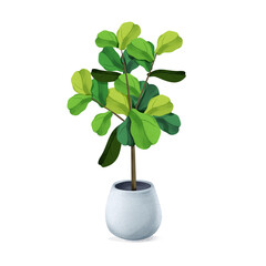 Artificial Fiddle Leaf Fig Tree planted white ceramic pot realistic illustration isolated on white background.