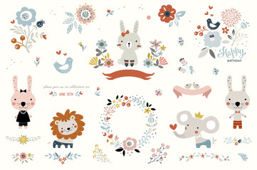 Fototapeta premium Cute kids elements are perfect for children's designs, shirts, art, clothing, cards and invitations, decor, branding, social media, tags, stickers, nursery designs and more. 