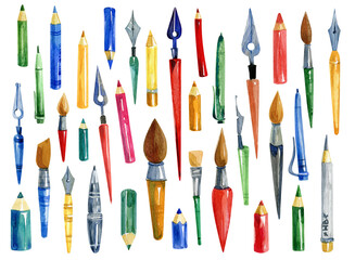 Watercolor isolated painted tools, pens, brush and pencils on white background. 