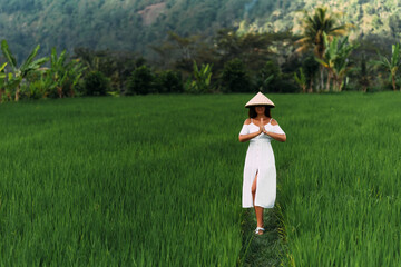 A beautiful girl walks on rice terraces on the island of Bali. A beautiful girl in a white dress and a conical hat walks through green rice fields. Copy space.  A woman in a Balinese conical hat