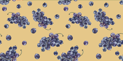 Hand drawn watercolor black currant pattern.