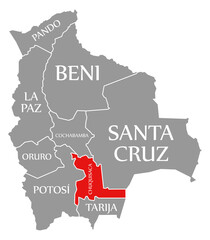 Fototapeta na wymiar Chuquisaca red highlighted in map of Bolivia