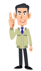 人差し指を立てる作業着の男性
