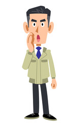 呼びかける作業着の男性
