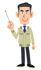 指し棒を持つ作業着の男性
