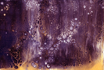 Very beautiful texture background. Purple paint flows in gold with the addition of white paint. Style includes curls of marble or agate with bubbles and cells. Natural style.