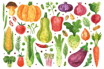 Vegetables clip art, set. Pumpkin, corn, carrot, greenery, radish, pepper. Watercolor illustration. Raw fresh healthy food. Vegan, vegetarian. Harvest. Design elements isolated on white background.