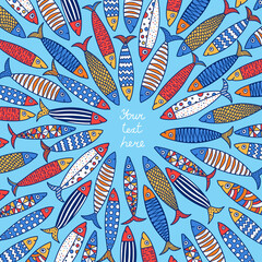 Obraz premium Lovely sardines. Postcard with colorful fish.
