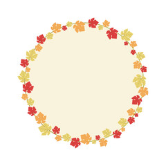 Vector round frame decorated with colorful autumn grape leaves.