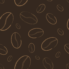 Different size coffee beans silhouette seamless pattern on brown background. Chaotic manner.