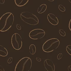 Wall murals Brown Different size coffee beans silhouette seamless pattern on brown background. Chaotic manner.