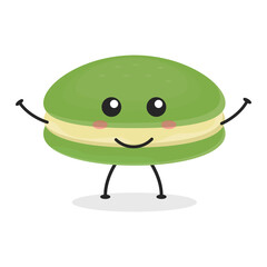 Cute flat cartoon matcha macarons illustration. Vector illustration of cute macarons with a smiling expression. Cute green tea macaron mascot design