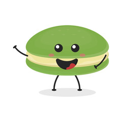 Cute flat cartoon matcha macarons illustration. Vector illustration of cute macarons with a smiling expression. Cute green tea macaron mascot design