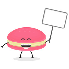 Cute flat cartoon macarons holding a sign illustration. Vector illustration of cute macarons with a smiling expression. Cute macaron holding a sign mascot design