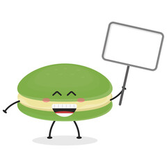 Cute flat cartoon macarons holding a sign illustration. Vector illustration of cute macarons with a smiling expression. Cute macaron holding a sign mascot design